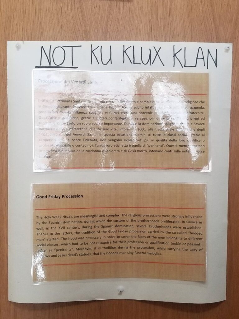 Explanation that the Good Friday Procession is not the ku klux klan
